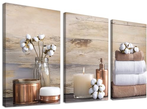 GUTTATY 3 Piece Bathroom Botanical Floral Canvas Wall Art, Rustic Vintage Farmhouse Flower Pictures, Boho Living Room Bedroom Wall Decor, Brown and White Spa-Inspired Canvas Prints, 12x18x3Pcs