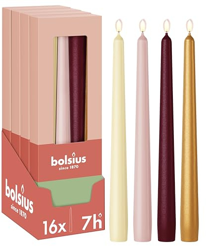 bolsius - Bougies Effilées Lisses, Lot de 16, Haptic Luxury, Bougies Décoratives pour la Maison, Longue Durée de Combustion, Non Parfumées, Cire Végétale Naturelle, Sans Huile de Palme