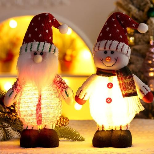 Nexoria Decoración navideña de muñeco de nieve con luz LED, 2 unidades, figuras de Papá Noel, iluminadas, decoración de mesa, funciona con pilas, pequeñas luces LED, muñeco de nieve, figura de peluche