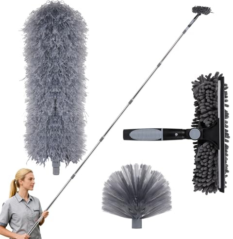 LALAGO Plumero Atrapapolvo, Kit de Limpieza de limpiaparabrisas 2 en 1, Plumero Telescopico Extensible de 1,5 a 4,5 m, Atrapapolvo Microfibra para Limpieza Techo,Ventiladores de Techo Alto (Set A)