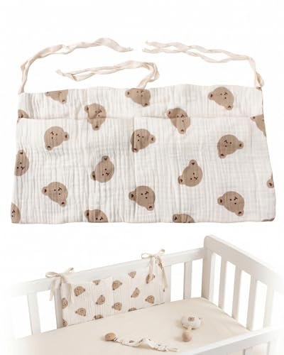 TISCH Sac Rangement Lit Bébé & Organisateur Suspendu | 1 pc Coton Pur Khaki Motif Ours – Pour Couches, Jouets, Vêtements près du Lit ou Table à Langer