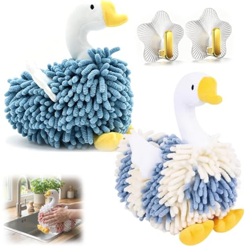 DUY Toalla de mano de felpilla con diseño de cisne y absorbente, toalla de secado de baño con lazo para colgar para fregadero de cocina, guardería y decoración del hogar (azul + rayas azules, 22 x 20