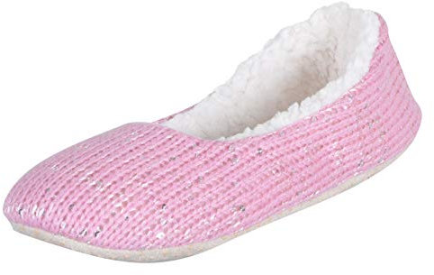 Ladies Pink Knitted Ballet Ballerina Sequin Slippers with Non-Slip Sole UK 7-8