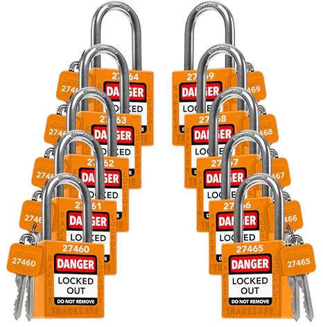 TRADESAFE Lockout Tagout Locks Set - 10 Orange Loto Locks, Lockout Locks Keyed Different, 2 Keys Per Lock, OSHA Compliant Lock Out Tag Out Padlocks, Safety Padlocks for Electrical Lockout Tag Out Kits