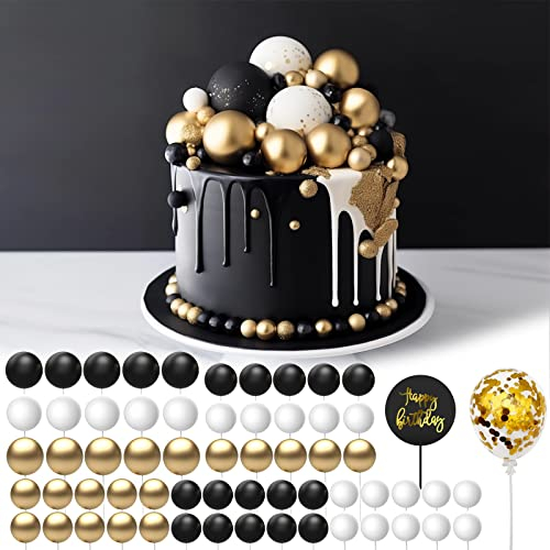 60 PCS Tortendeko Kugel,Torten Deko,Cake Topper Dekorationen DIY Mini Ballon Cupcake Einsatz für Geburtstag Party Baby Dusche Hochzeit Weihnachten(Schwarz Gold Weiß)