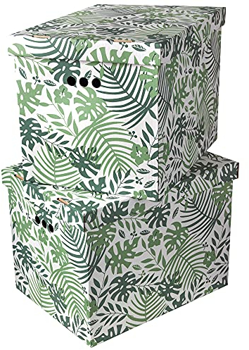 SOFTILLO Cardboard Storage Boxes with Lid Decorative Wardrobe, Closet, Home & Office Organiser with Handle Flat-Packed, Stackable File Box Gift for Adults & Kids Set of 2 Large Tropical Leaves