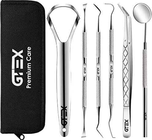 GTEX Plaque Remover for Teeth - 6Pcs Dental Care Kit for Teeth Cleaning - Plaque Removal Tartar Remover Stainless Steel Tongue Scraper Tool for Home Use