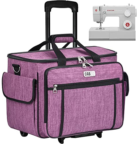 CAB55 Rolling Sewing Machine Case, Detachable Rolling Sewing Machine Carrying Case on Wheels, Trolley Tote Bag with Removable Bottom Wooden Board for Most Standard Sewing Machine -Purple