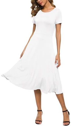 EXCHIC Donna Manica Corta Tinta Unita Girocollo Elastico A-Line Vestito Casuale Eleganti Girocollo Midi Abito(XXL, Bianco)