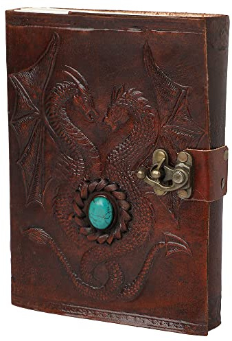 OVERDOSE Double Dragon mit Stein C-Lock Leder-Tagebuch-Notizbuch – handgefertigtes Tagebuch mit gebundenem Notizbuch für Männer und Frauen – 5 x 7 Zoll | 12 x 17 cm | A6