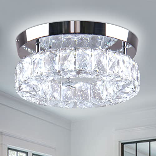 CXGLEAMING 25cm Moderne Led Deckenleuchte Kristall Kronleuchter Weiß Geeignet für Flure und Dielen Lampe Wohnzimmer Deckenlampe Schlafzimmer 16W Edelstahlsockel Halbbündiger Einbau(Weißes) Licht
