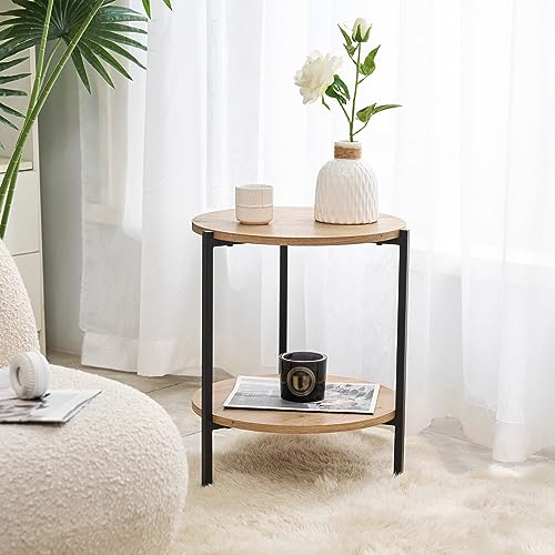 [en.casa] Beistelltisch Kuopio 50 x Ø40 cm Couchtisch Rund Wohnzimmertisch mit Ablage Schwarz/Holzoptik