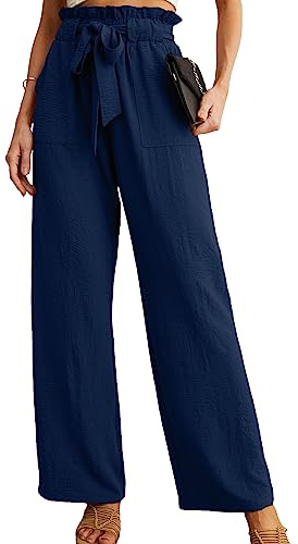 IWOLLENCE Women Wide Leg Trousers for Women UK Palazzo Elasticated High Waist Ladies Work Casual Pleated Paperbag Pull On
