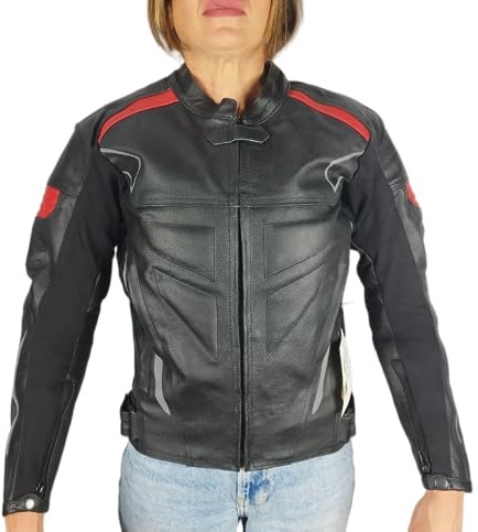 WinNet Giacca giubbotto motociclistico corto per moto femminile da donna di in pelle con protezioni e imbottitura removibili gomiti, spalle e schiena 4 stagioni (L)