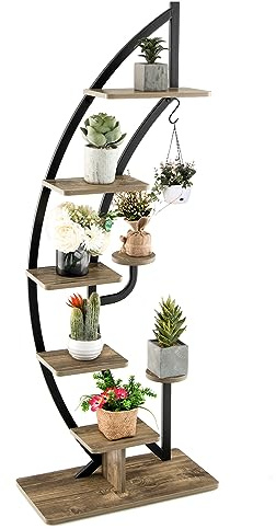 HOMASIS Scaffale Porta Piante a Forma di Mezzaluna, Scaffale per Piante da Interno, Portavasi Elegante da Interni, Espositore per Decorazioni da Balconi, Soggiorni (1, Marrone)