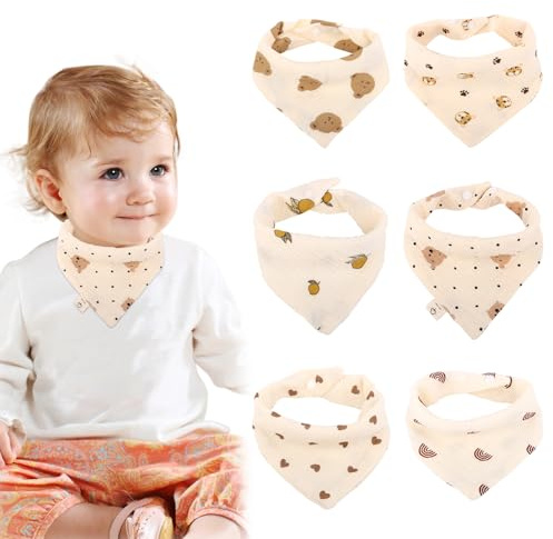 RISVOWO 6 Piezas Baberos Bebe, Suaves Baberos de Bebé, 100% Algodón, Babero Triangular Impermeables para Bebé para la Dentición de Bebés de 0-24 Meses