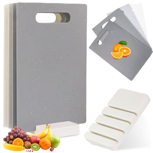 PRITOK Juego de 4 Tablas de Cortar Cocina: 28,3x18,5 cm Con Asas y Soporte de Almacenamiento, Profesional para Frutas, Verduras, Carne, Apto para Lavavajillas, Sin BPA