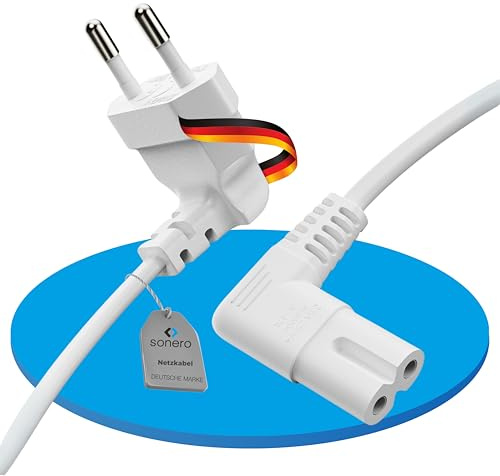 Cable de alimentación sonero Cable de alimentación de 2 Clavijas, 1,50 m, euroconector Tipo C a Toma IEC C7 euroconector 8, Cable de ángulo de 90° para TV, PS5, PS4, PS3, Blanco