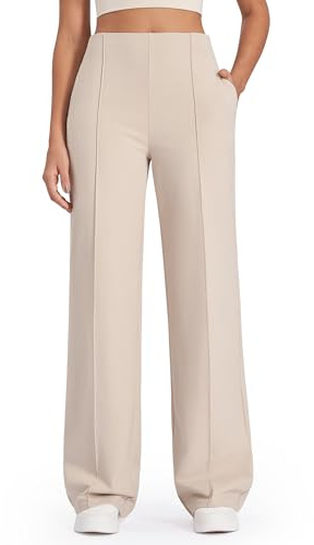 G4Free EverGoing - Pantalones de pierna ancha para mujer, pantalones de yoga de cintura alta con bolsillos, pantalones elásticos de ocio casuales, Caqui, Small