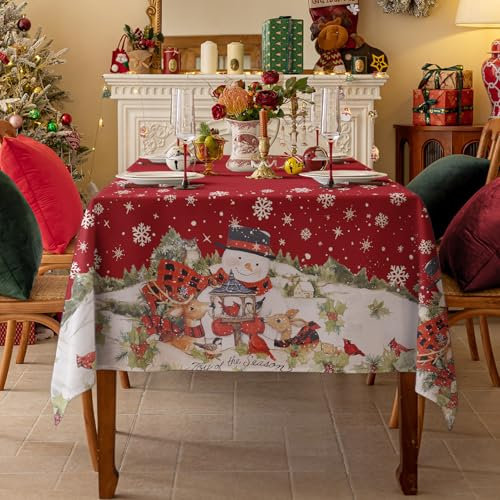 Romanstile Christmas Tablecloth Washable in Red with Snowman Pattern - 320 x 140 cm, Large Tablecloths, Tablecloth, Festive Decoration for Dining Table, Dining Room, Party, Celebrations, Family Dinner