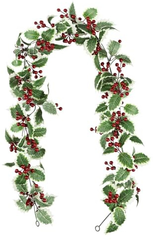 6.56Ft Christmas Garland Holly Red Berries with Green Leaves, Artificial Holly Berries Winter Garland, Hanging Vine for Xmas Tree Ornaments, Wreath Making Supplies, DIY Crafts, Wedding Home Decoration
