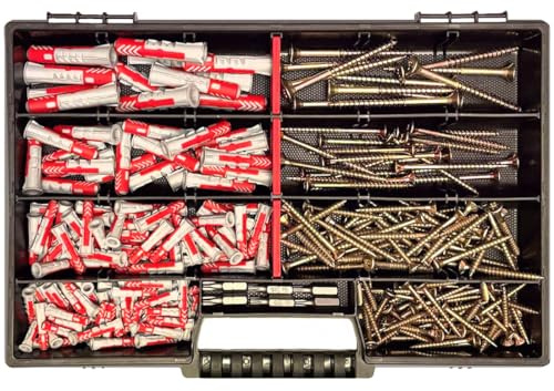 Frackmann Jeu de vis, avec chevilles DuoPower, 280 pièces dans un coffret de rangement, 6 embouts Torx, tailles 5 x 25 à 10 x 50 mm, kit de fixation professionnel pour bricolage, béton, pierre et