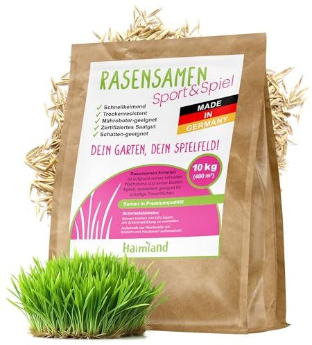 halmland® Rasensamen schnellkeimend 10kg für 400m² - strapazierfähiger Sport-und Spielrasen - Grassamen trockenresistent Herbst - aus Deutschland - Nachsaat, Rasensaat