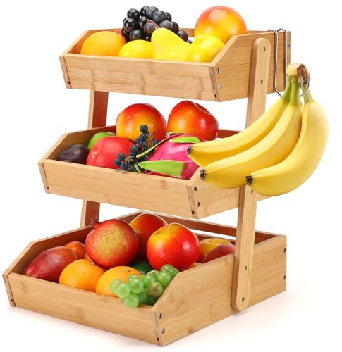 Stormshopping 3-Tier Bamboo Fruit Basket, Fruit Bowl Holder Bread Basket Vegetable Rack, Detachable Fruit Holder Organiser for Fruit, Vegetables, Snacks in Home, Kitchen Office