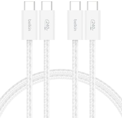 Belkin 2-Pack Braided USB-C to USB-C Cable 5ft 240W - Soft, Flexible Fast-Charging Cable, Type C Charger Cord for iPhone 17 & 16 Series, Galaxy S25, Pixel 10, iPad Pro, & More - White