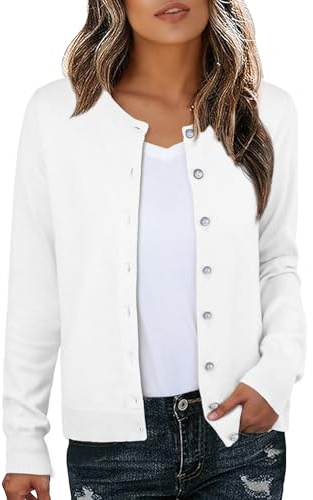 GRECERELLE Cardigan pour femme doux élégant léger à manches longues cardigan en tricot pour femme pull à boutons avec perles pour femmes Royaume-Uni, automne, hiver, rendez-vous et fêtes, Blanc, L