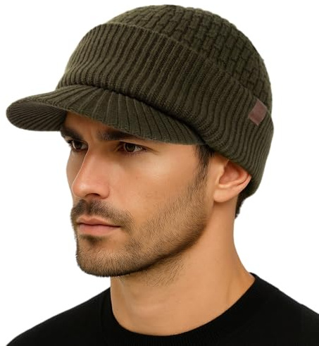 TOP-EX PolarWool™ Casquette d'hiver tricotée 50 % laine mérinos pour homme et femme avec doublure en polaire pour la course à pied et le ski en plein air, M-XXL, vert olive, XL-XXL