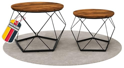 Coemo Couchtisch Duett 2er Set, Braun, runde Tische mit Holzoptik/Schwarz | Moderner Beistelltisch im Industrial Design, platzsparend, vielseitig & robust für Wohnzimmer & Schlafzimmer