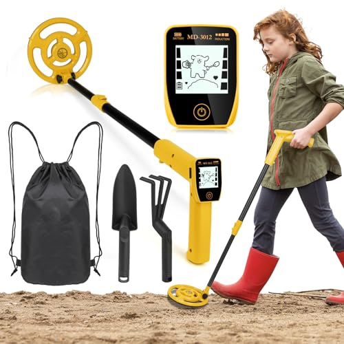Detector de metales, detector de metales recargable por USB para niños con divertida pantalla LCD, kit de detector de metales ajustable para niños, bobina de búsqueda impermeable de 7.35 pulgadas para