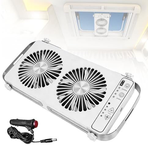Mocoli 12V Ventilateur De Toit Pour Camping-Car, Double RangéE 4 Vitesses Pour FenêTre De Toit De Camping-Car Caravanes Camions Fourgons Extensible 37 à 59 Cm (Blanc)