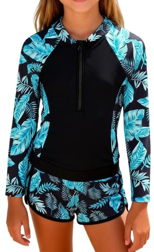 EFOGEP Mädchen Badeanzug 2-teilig, Langarm Rashguard mit Badeshorts