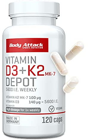 Body Attack Vitamin D3 + K2 Depot, 120 Kapseln - nur 1 Kapsel pro Woche, hochdosiert, Vitamin D3 5600 i.E. 140 µg, Vitamin K2 MK-7 100 µg, für Muskeln und Knochen, vegan