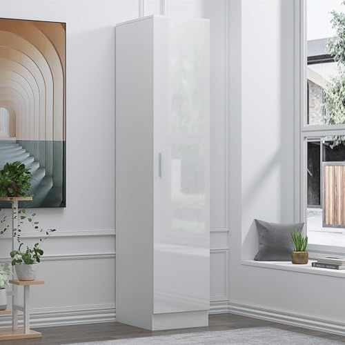 Reflect 1 Door High Gloss Wardrobe | White, Durable Melamine Finish | Modern Bedroom Storage with Hanging Rail & Shelves | Single Door Wardrobe, Sleek Design