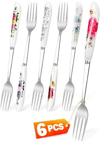6 PCs Dinner Forks Stainless Steel – Fork Set With Floral Design, Ceramic Handle, 8.3 Utensils for Table Serving, Built to Last, Dishwasher Safe – Kitchen Gift Set for Special Occasions and Daily Use