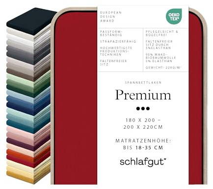 Schlafgut Premium Spannbettlaken 95% Mako Bio Baumwolle & 5% Elasthan Made in Green by Oeko Tex (180x200cm bis 200x220cm Matratzenhöhe von 18 bis 35 cm, Red Deep)