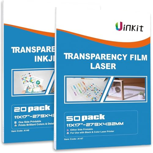 Uinkit Transparent Overhead Projector Film 11x17 inches 50 Sheets One Pack for Laser Printer and Overhead Projector Film 11X17 inches 20Sheets One Pack for Inkjet Printer