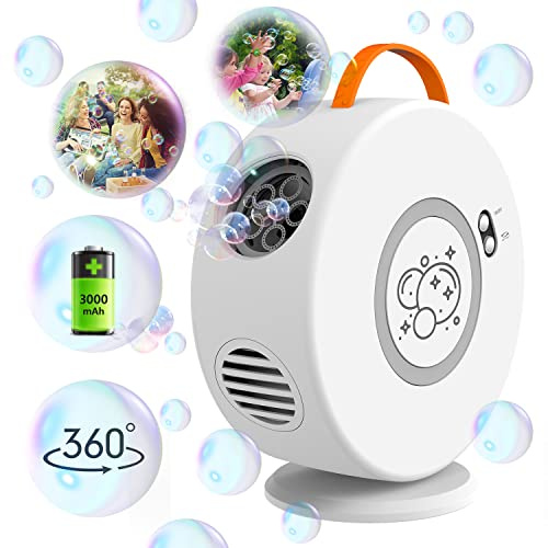 Machine à Bulles, Jouet a Bulles Automatique Rechargeable Soufflante, Rotatif 90°/360°, 500ml Souffleur à Bulles pour Enfants 3 4 5 6 Ans, Jeux De Jardin, Idée Cadeau Garcon Fille (Blanc+Orange)