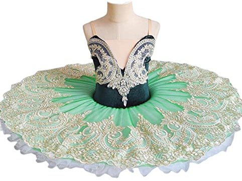 WIINXX Tutú de Ballet Profesional para niños, Vestido de Princesa Bailarina, Disfraz de Baile del Lago de los cisnes para niñas, Falda de competición de tutú de Tul Bordada,Verde,120