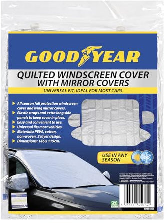 Goodyear Quilted Car Windscreen Cover | Wing Mirror Covers | Heavy Duty Windproof | Protect from Snow Frost Freezing Windshield | Universal Fit