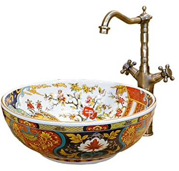 Jingdezhen - Lavabo de encimera de cerámica de estilo retro de lujo para cuarto de baño,1 lavabo hecho a mano
