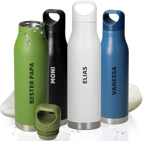 Personalisierte Trinkflasche Edelstahl 'Orlando' - Auslaufsichere Vakuumflasche - Isolierflasche Kohlensäure geeignet - 480ml - BPA-freie Flasche für unterwegs, Farbe:weiß