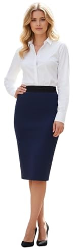 Women's Midi Pencil Skirt High Waisted Stretch Bodycon Knee Length UK 8-26 | elasticated waist, viscose blend, slim pencil fit for office, formal and smart casual wear, Approx. 65cm midi length