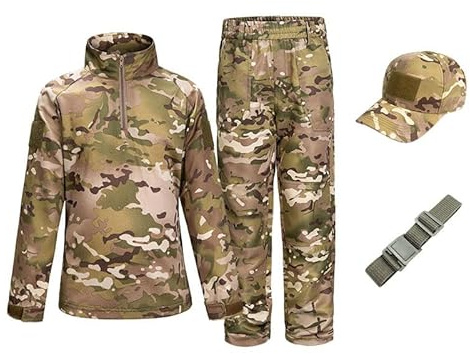 Tuta Uniforme Mimetica per Bambini Tuta a Maniche Corte Tuta da Campeggio all'aperto Uniforme da Combattimento Militare Camicia a Maniche Lunghe Tattica Pantaloni Campo Estivo 110-190 (Cam A,130)