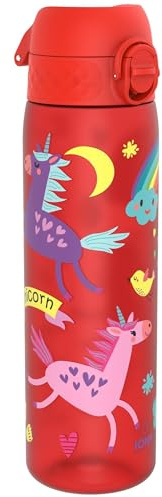 Ion8 Borraccia a Prova di Perdite, 500ml, Facile da Aprire, Serratura Sicura, Lavabile in Lavastoviglie, Senza BPA, Maniglia per il Trasporto, Adatta a Portabicchieri, Facile Pulizia, Unicorni Rossi