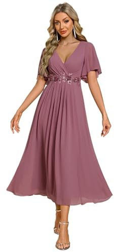 Ever-Pretty Vestito Donna Elegante Abito Cerimonia Donna con Applique e Collo V Midi Maniche a Volant Chiffon Stile Impero Orchidea 44