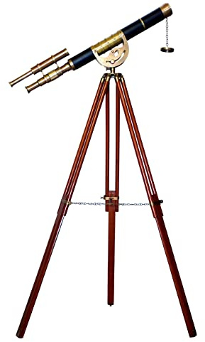 Vintage mässingsteleskop svart läder täckt tub antik mässing nautiskt funktionellt marint golv stående trästativ dubbelfat samlarobjekt retro teleskop.